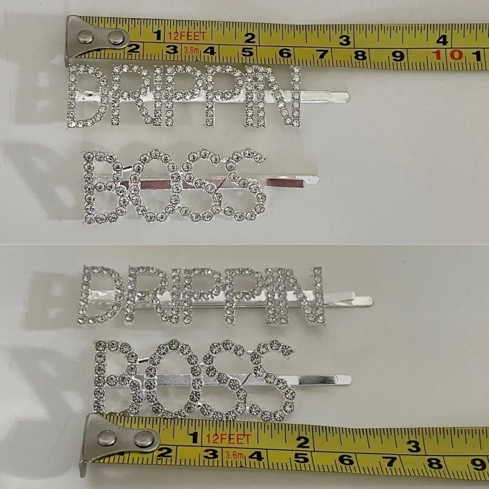 Crystal Rhinestone Studded Metal Hair Pin Accessories “DRIPPIN” & “BOSS” Set
